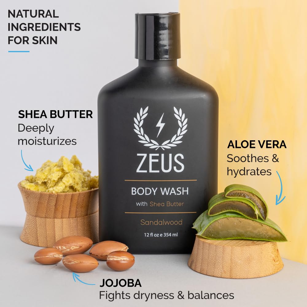 ZEUS Men's Natural Body Wash, Hydrating Shower Gel with Sandalwood Oil, Aloe Vera, Shea Butter &