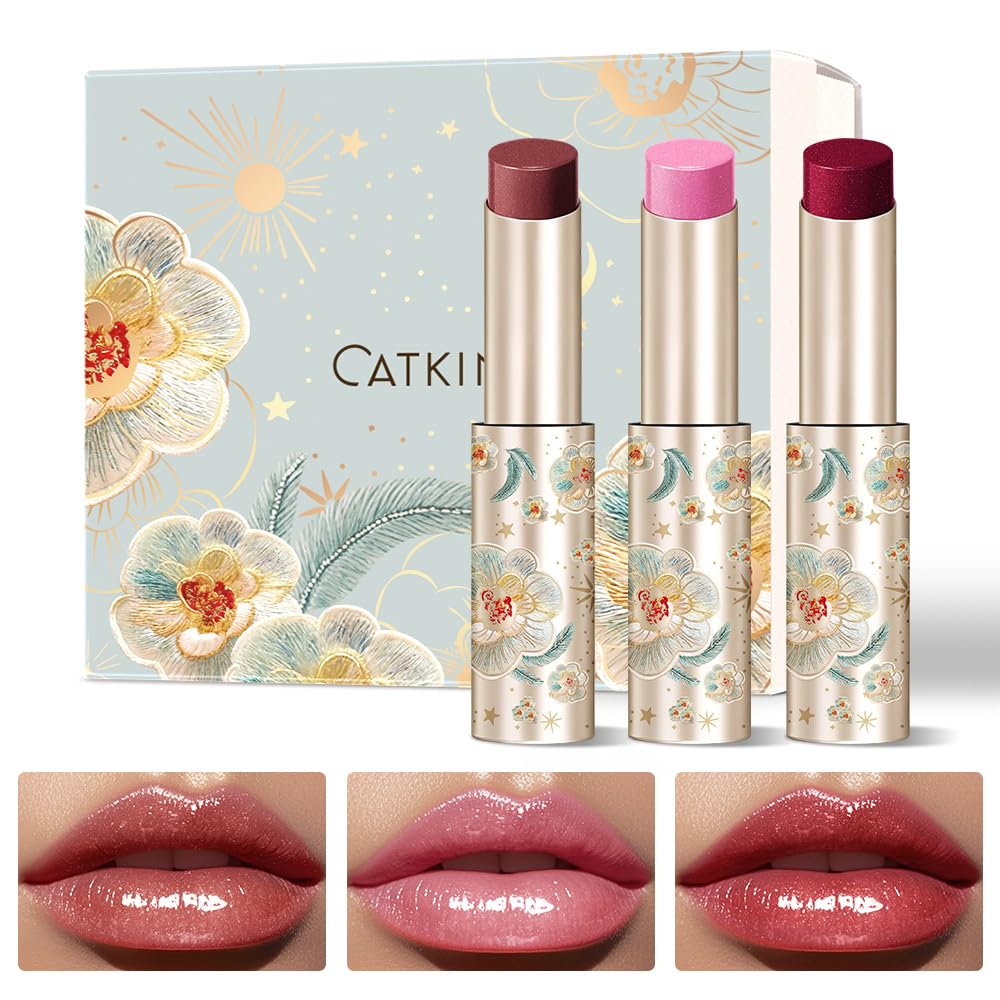 CATKIN Glossy Lip Balm 3pcs Gift Set, Ultra Hydating Glow Lip Tinted Jelly Plump Melting Balm Shea
