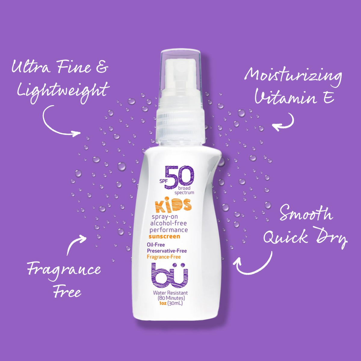BU SPF 50 Fragrance Free Kids Sunscreen Spray for Face and Body, TSA Travel Size Sunscreen, Clear
