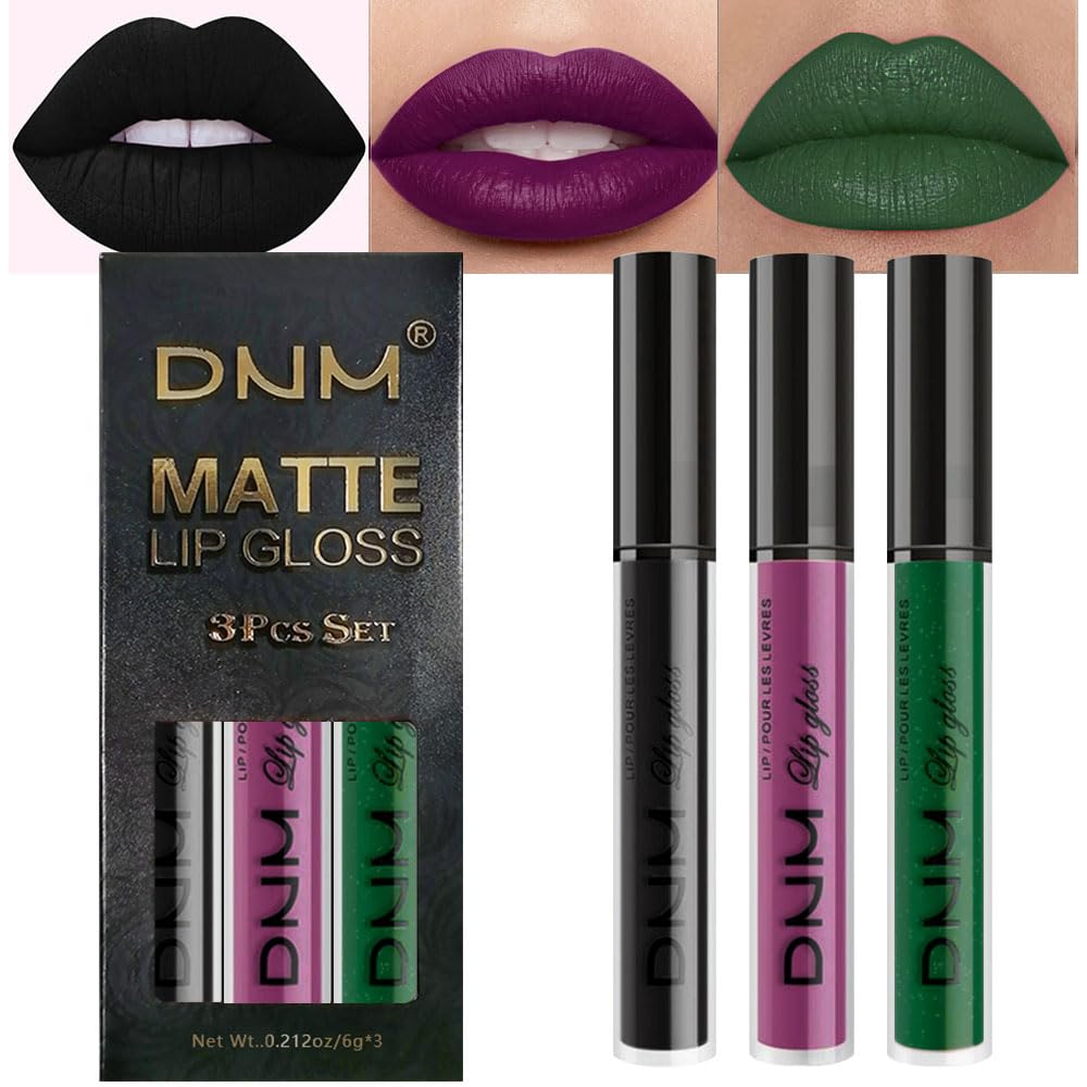 evpct 3Pcs Dark Black Grape Plum purple Emerald Green Matte Liquid Lipstick Lip Stain Sets for