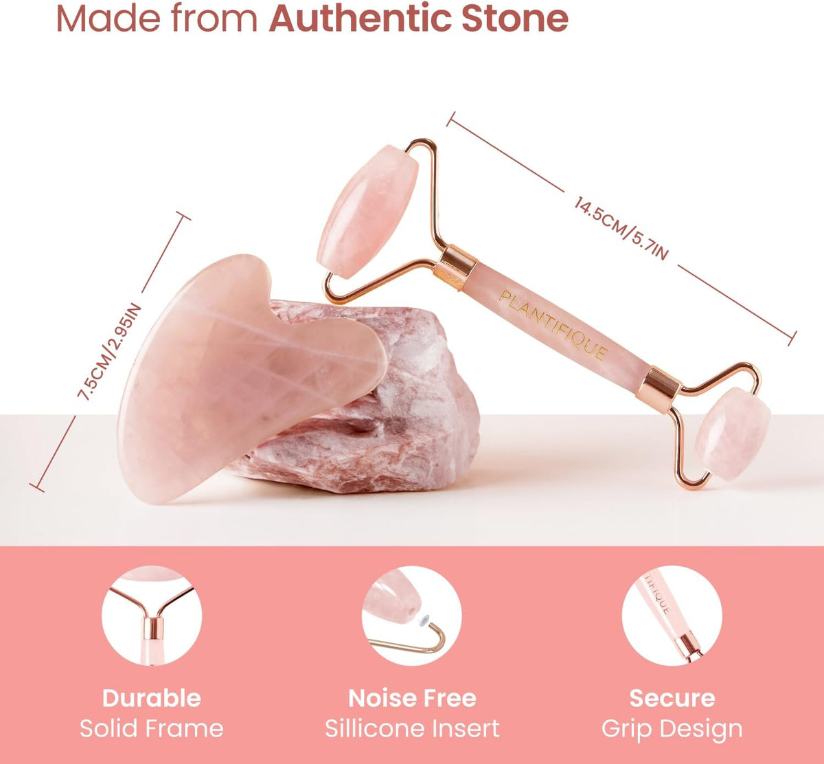 PLANTIFIQUE Face Roller and Gua Sha Rose Quartz Certified | Gifts | Guasha Tool for Face | Jawline
