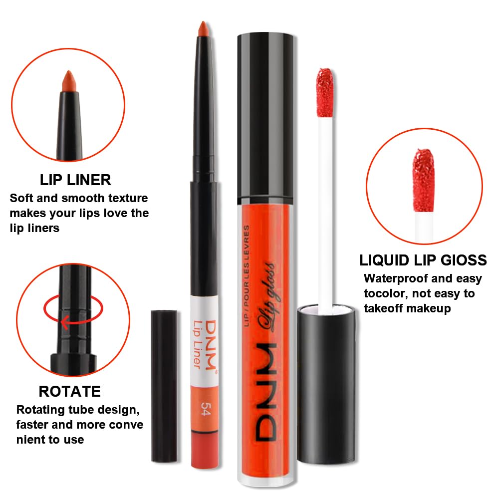 evpct 2Pcs Orange Light Fire Red Matte Liquid Lipstick Lip Gloss Stain and Retractable Lip Liner