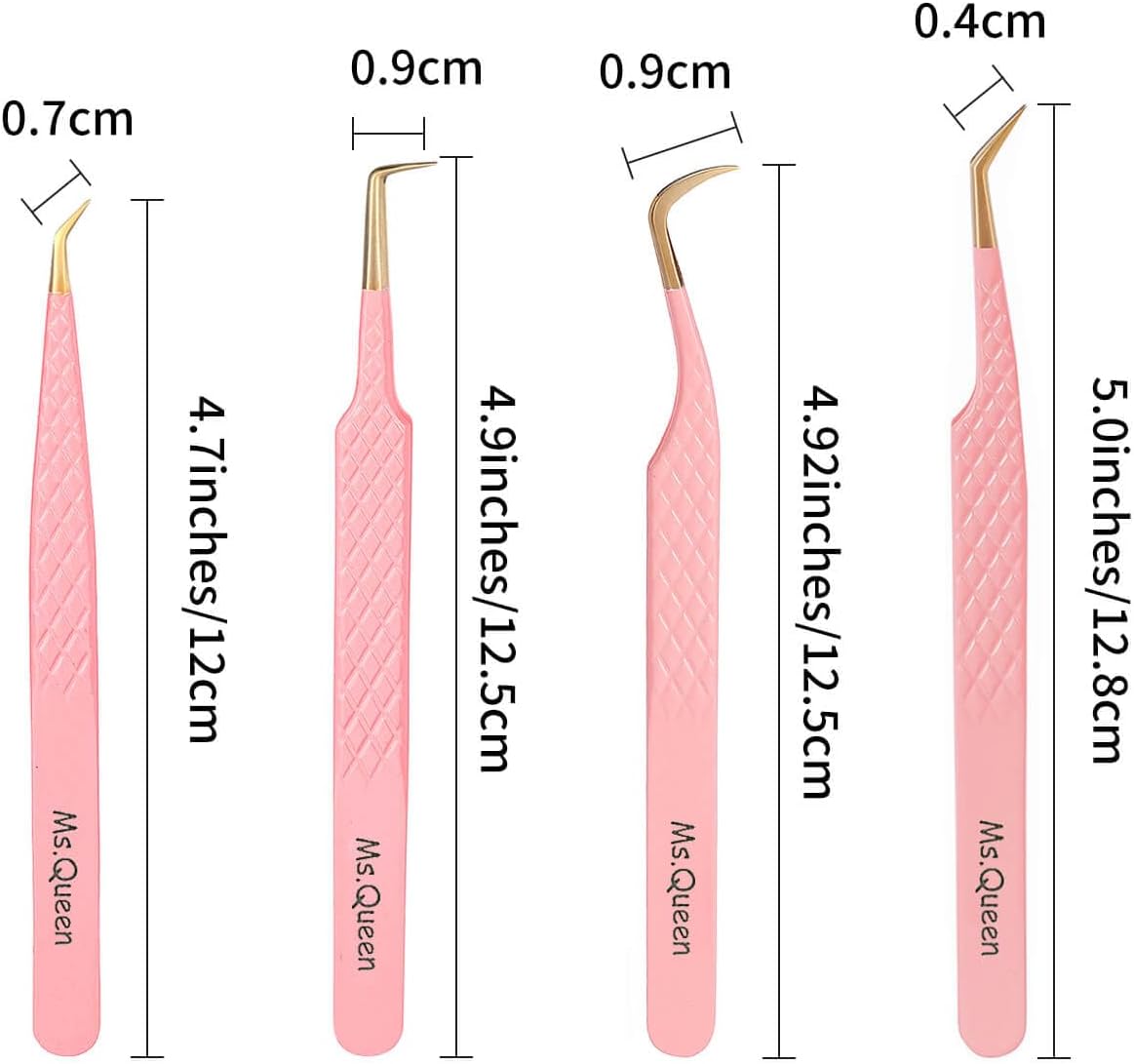 Ms.Queen Lash Tweezers Set,Professional 4Pcs 45 90 Degree Curved and Isolation Lash Tweezers for