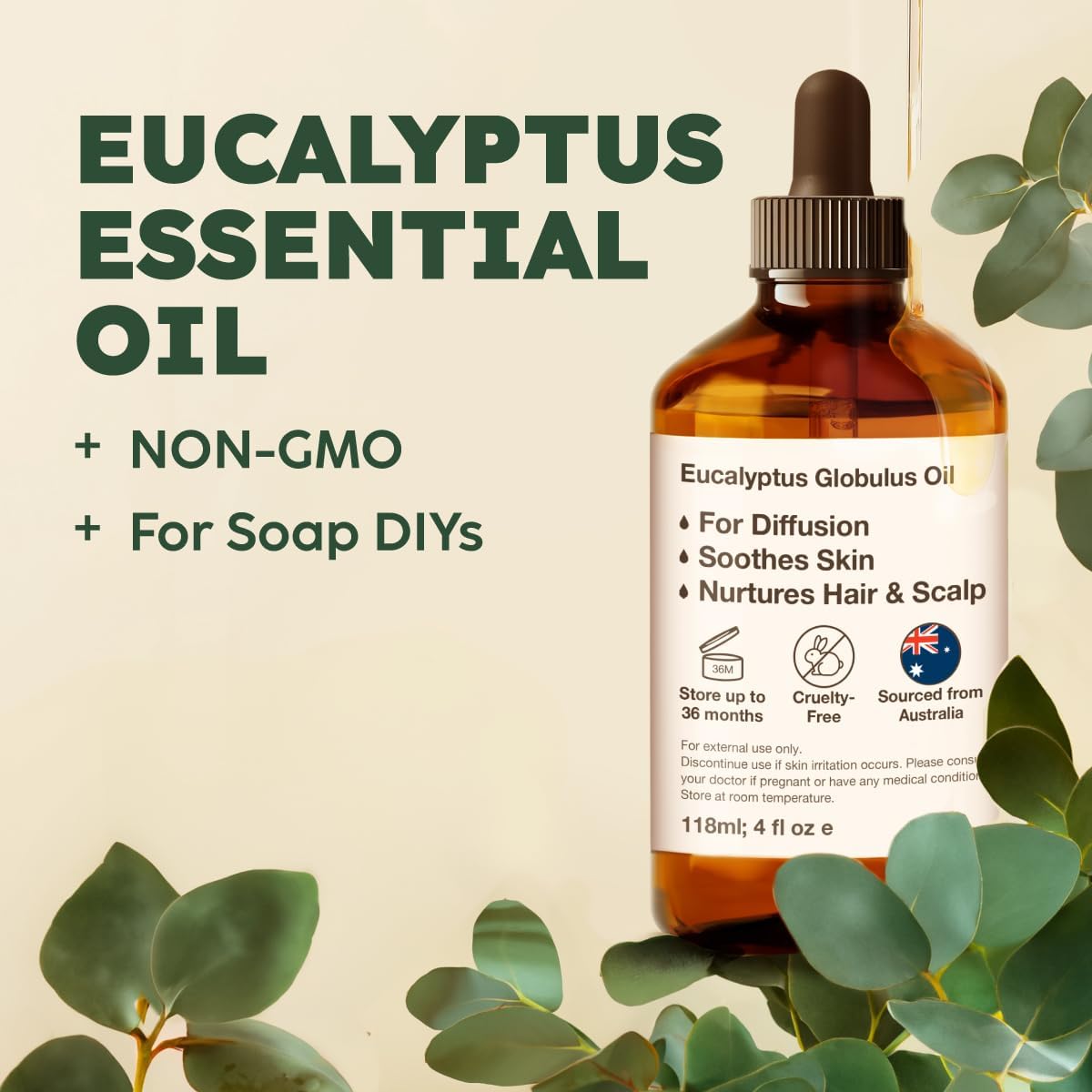 Kukka Eucalyptus Essential Oil for Diffuser, Humidifier, Skin, Hair - 4 Fl Oz / 118 ml, DIY Soap
