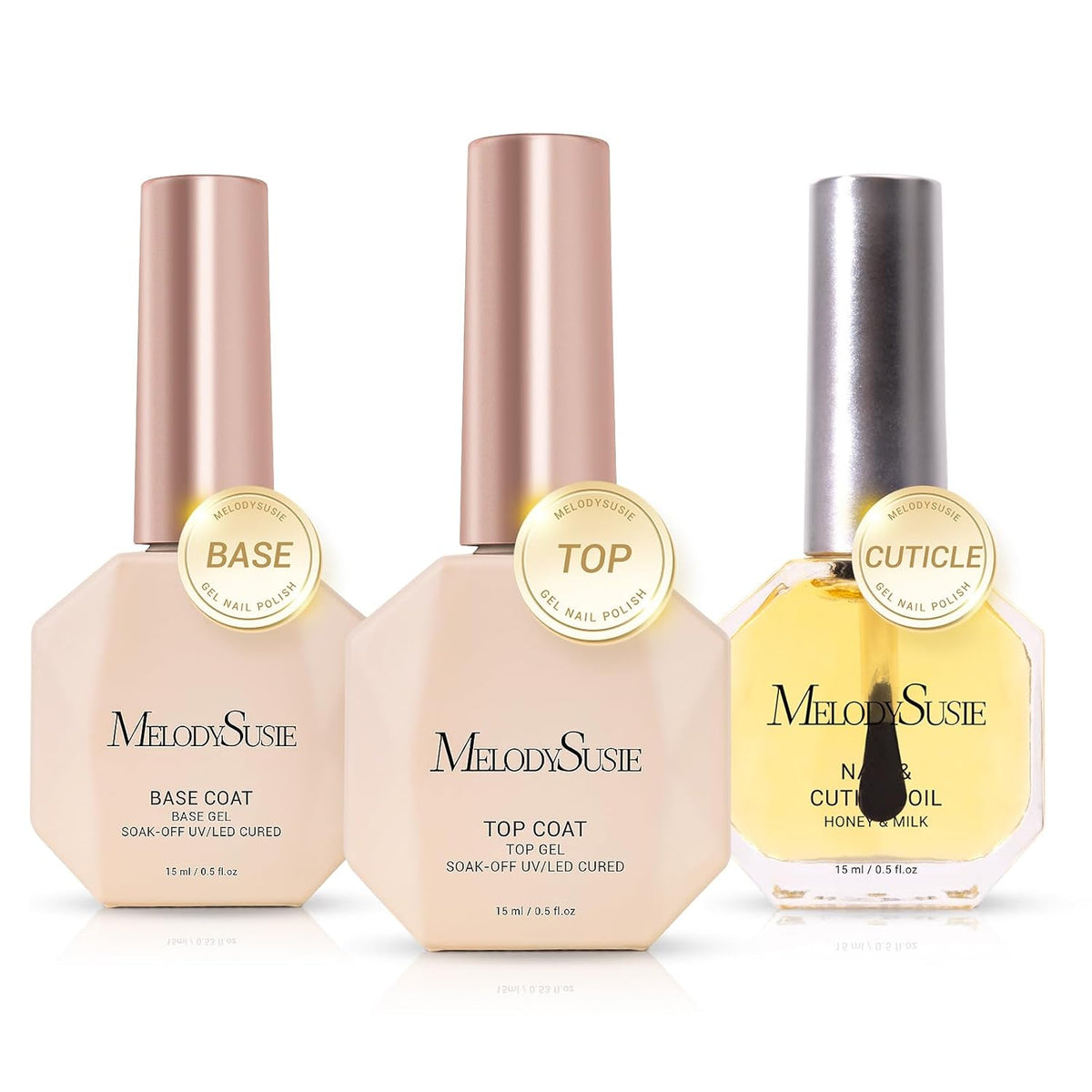 MelodySusie No Wipe Glossy Top Coat Base Coat Cuticle Oil Set Long Lasting Shine Finish Soak Off UV