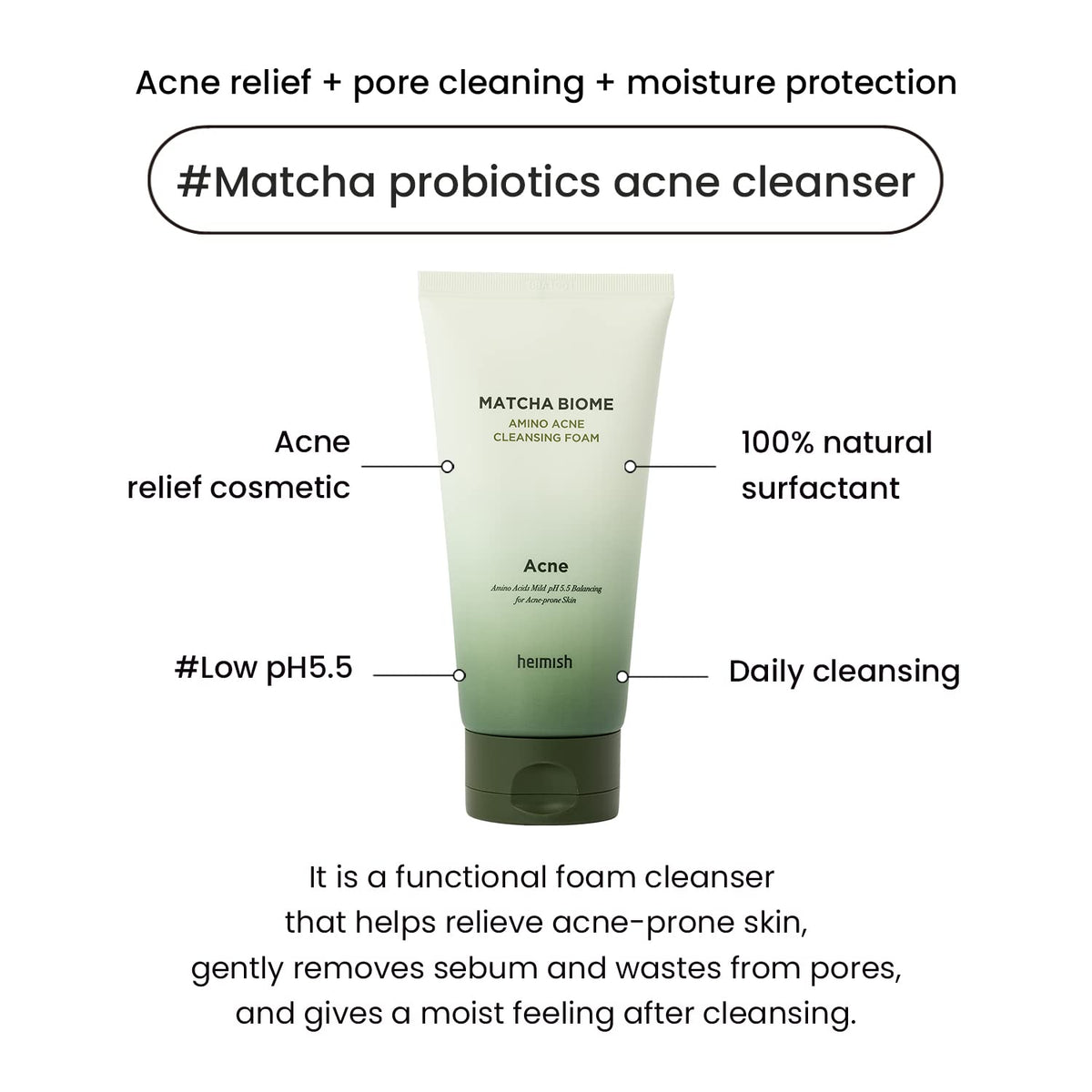 HEIMISH Matcha Biome Amino Acne Cleansing Foam - Deep Cleansing, Hydrating, Calming Facial