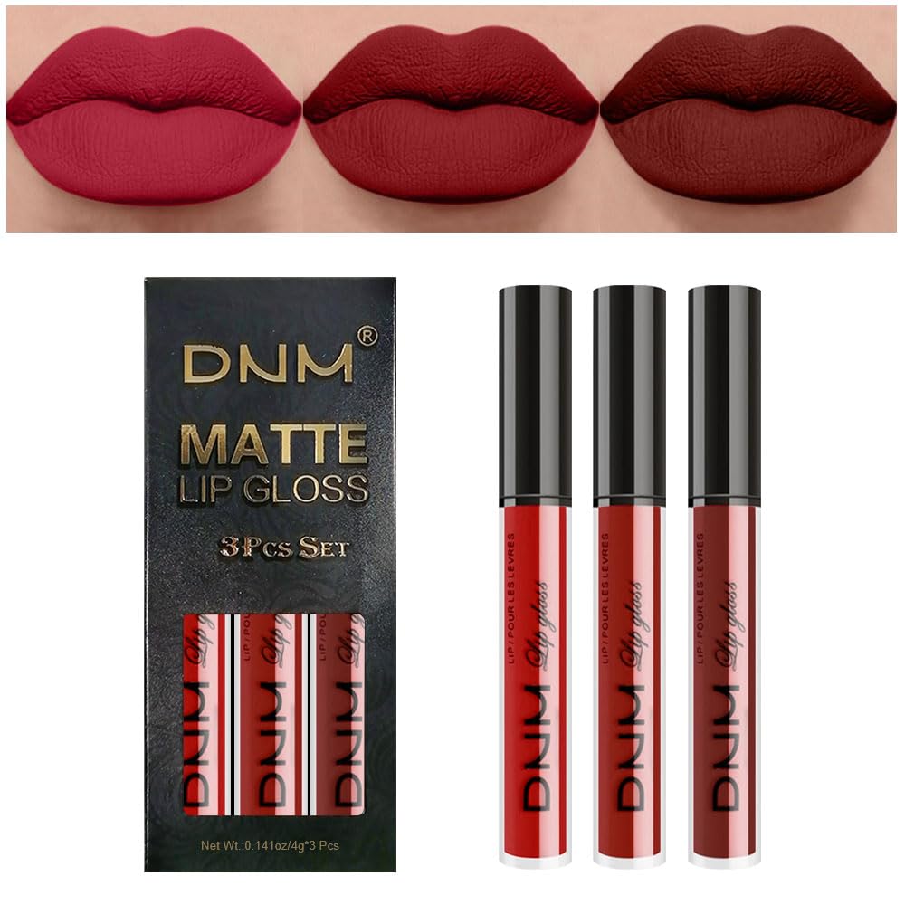 evpct 3Pcs Dark Deep Ruby Light Rose red Brown red Matte Liquid Lipstick Sets for Women 24-hour
