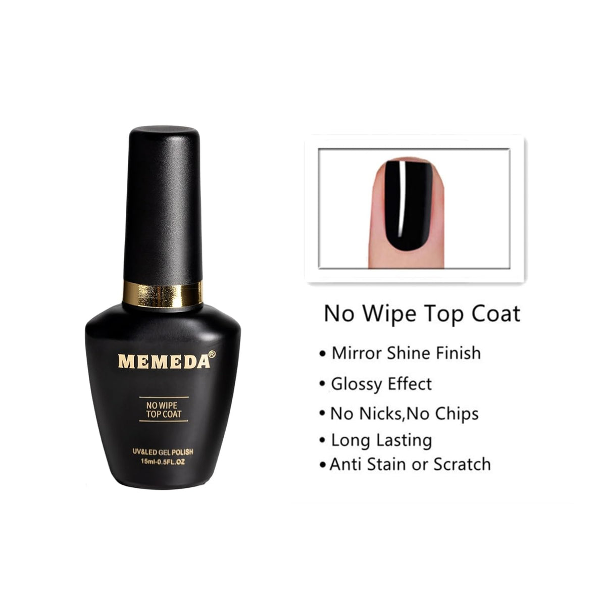 Gel Nail Polish Top Coat, 15ml No Wipe High Gloss Shiny Long Lasting Clear Top Gel for Acrylic