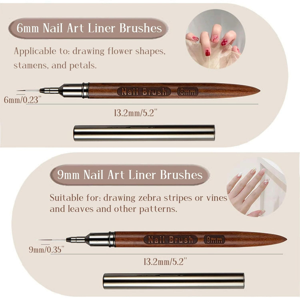 5Pcs Nail Art Liner Brushes, Fine Liner Striping Brush 6/9/12/15/18mm Thin Nail Art Design Brush
