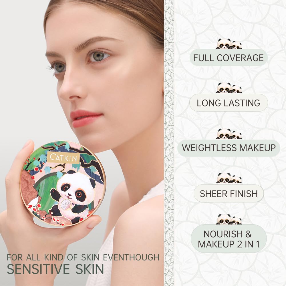 CATKIN Panda Land Full Coverage Cushion Fondation, Breathable Hydrating Nourishing Poreless Face