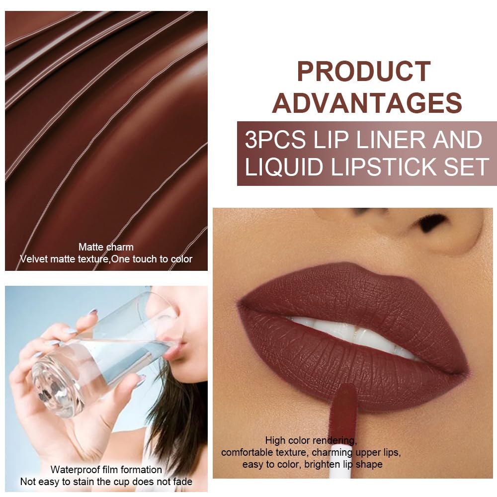 evpct 3Pcs Chocolate Nude Brown True Nude Matte Lip Liner & Liquid Lipstick Stain Makeup Set for
