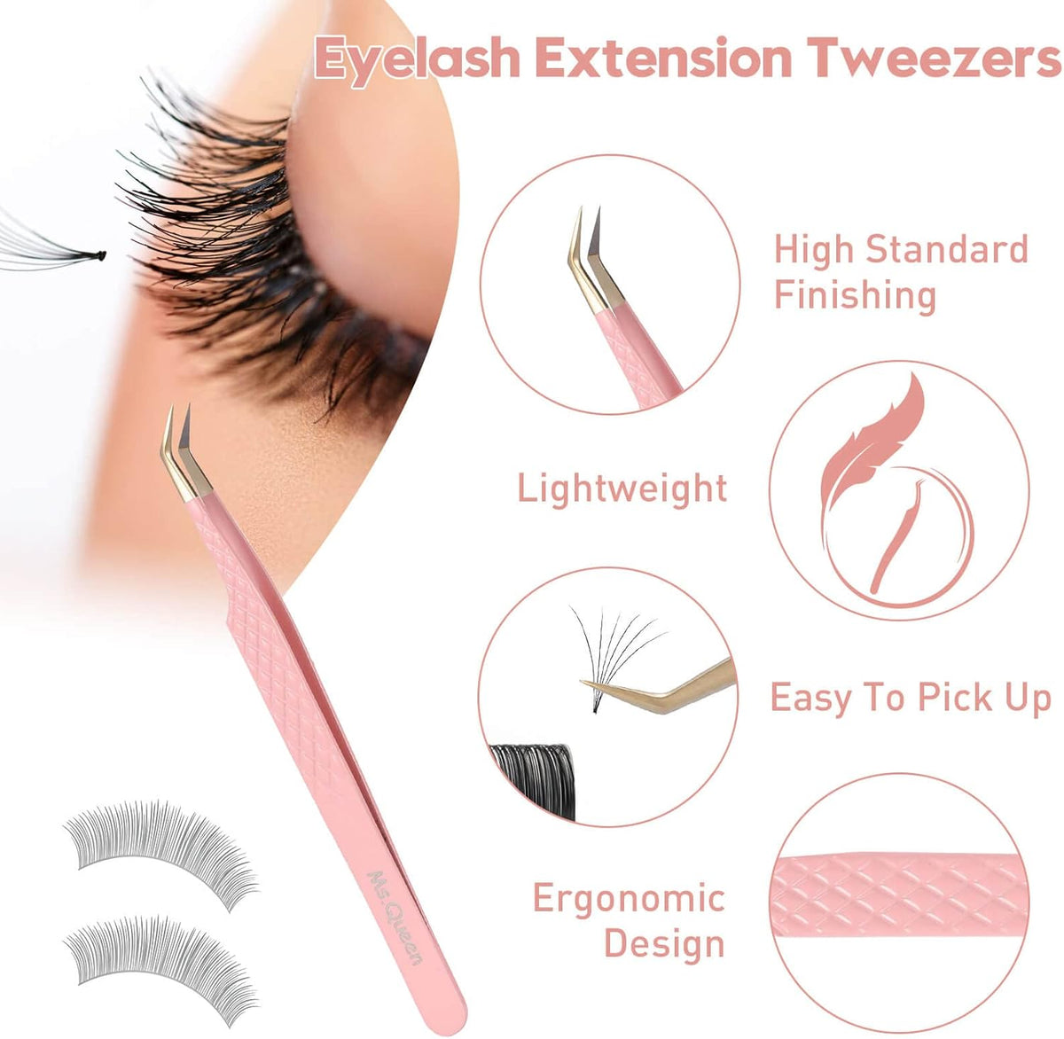 Ms.Queen Eyelash Extension Tweezers Set,Fiber Tip Volume Tweezers Curved 45 90 Degree Angled Tip