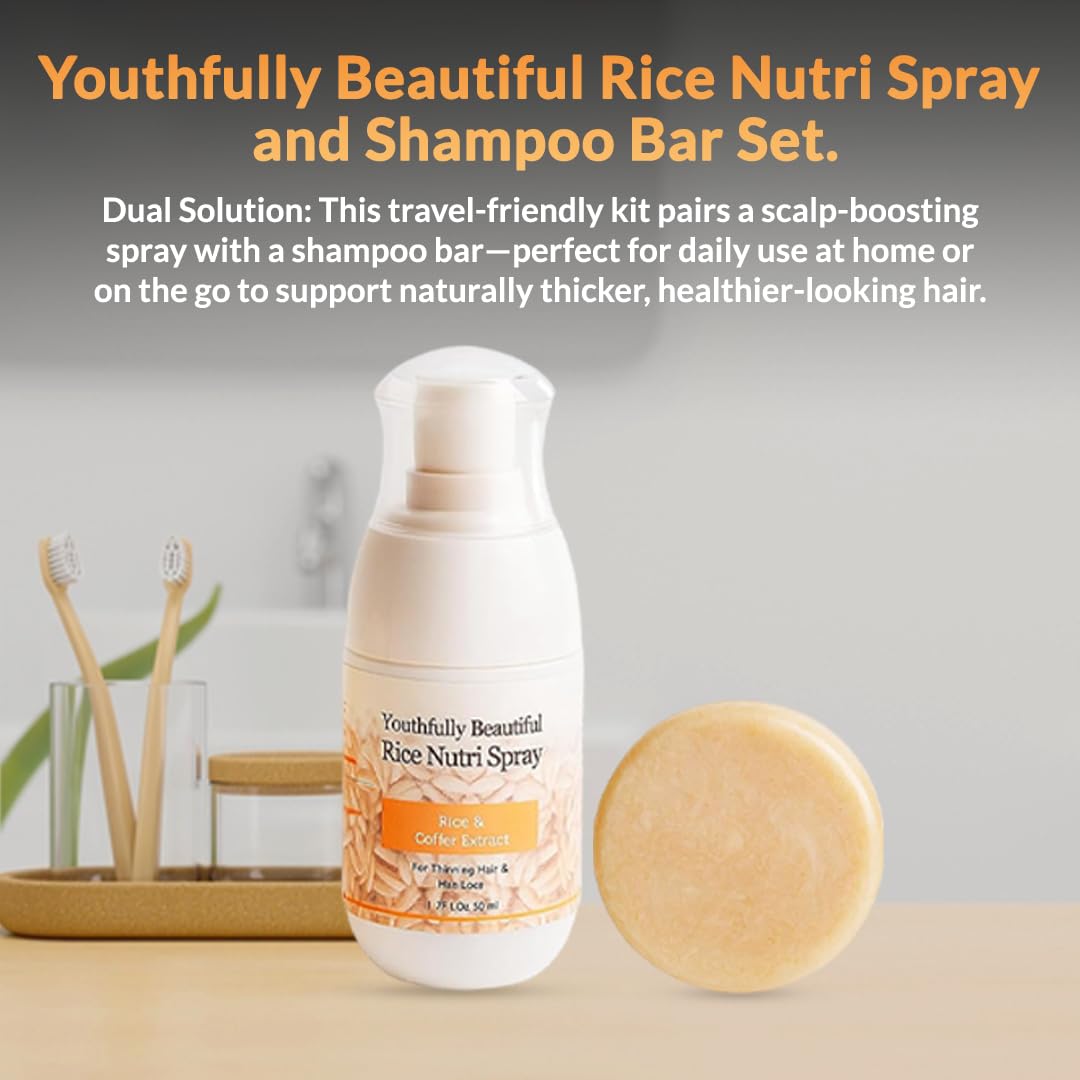 Youthfully Beautiful Rice Nutri Spray and Shampoo Bar Set Rice and Coffee Extract for Thinning Hair