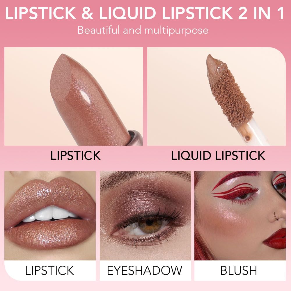 evpct 2 in 1 Nude Brown Glitter Metallic Shimmer Diamond Lipstick and Lip Gloss Set for Women Long