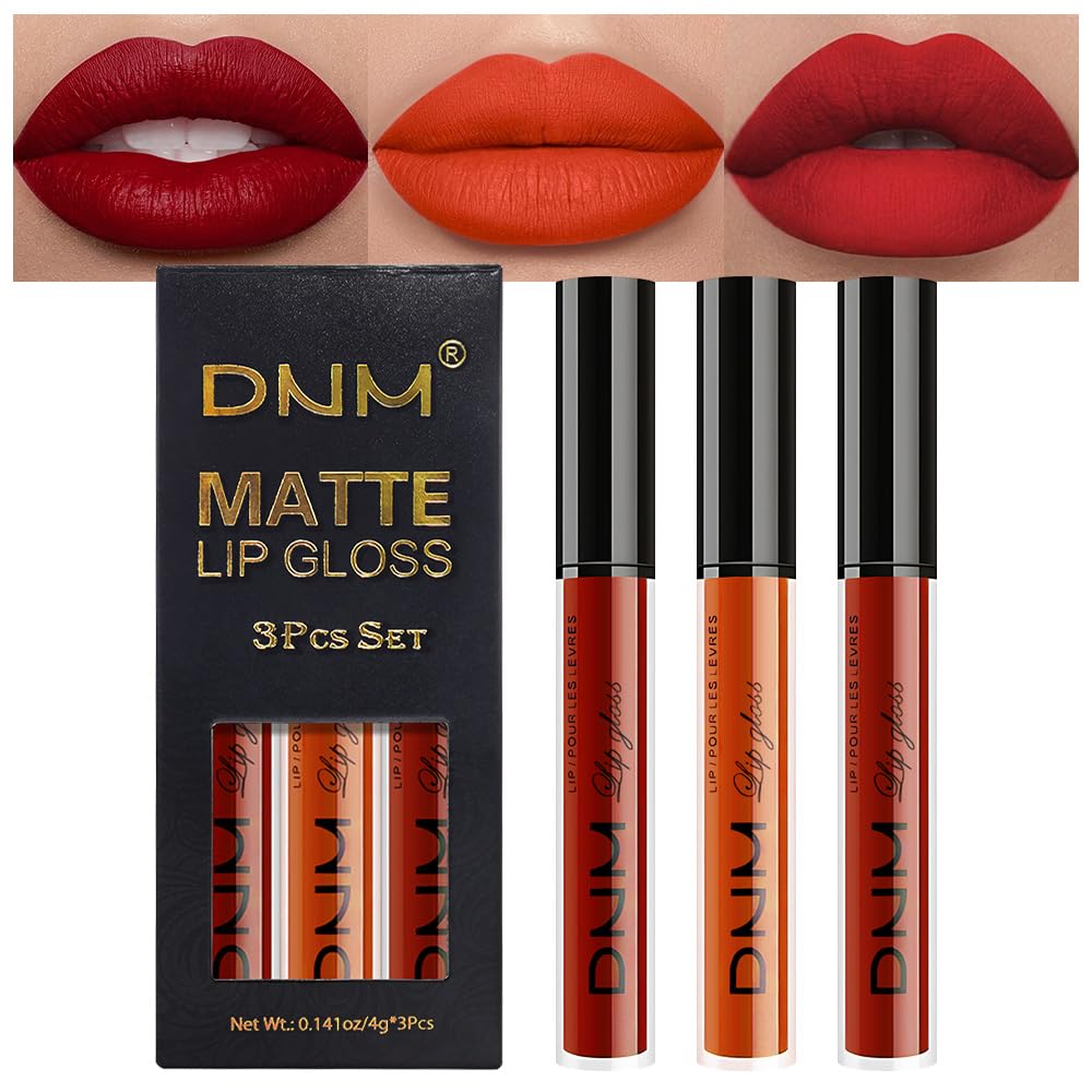 evpct 3Pcs Dark Orange Ruby Red Matte Liquid Lipstick Lip Stain Sets for Women, Matte Lipstick Long