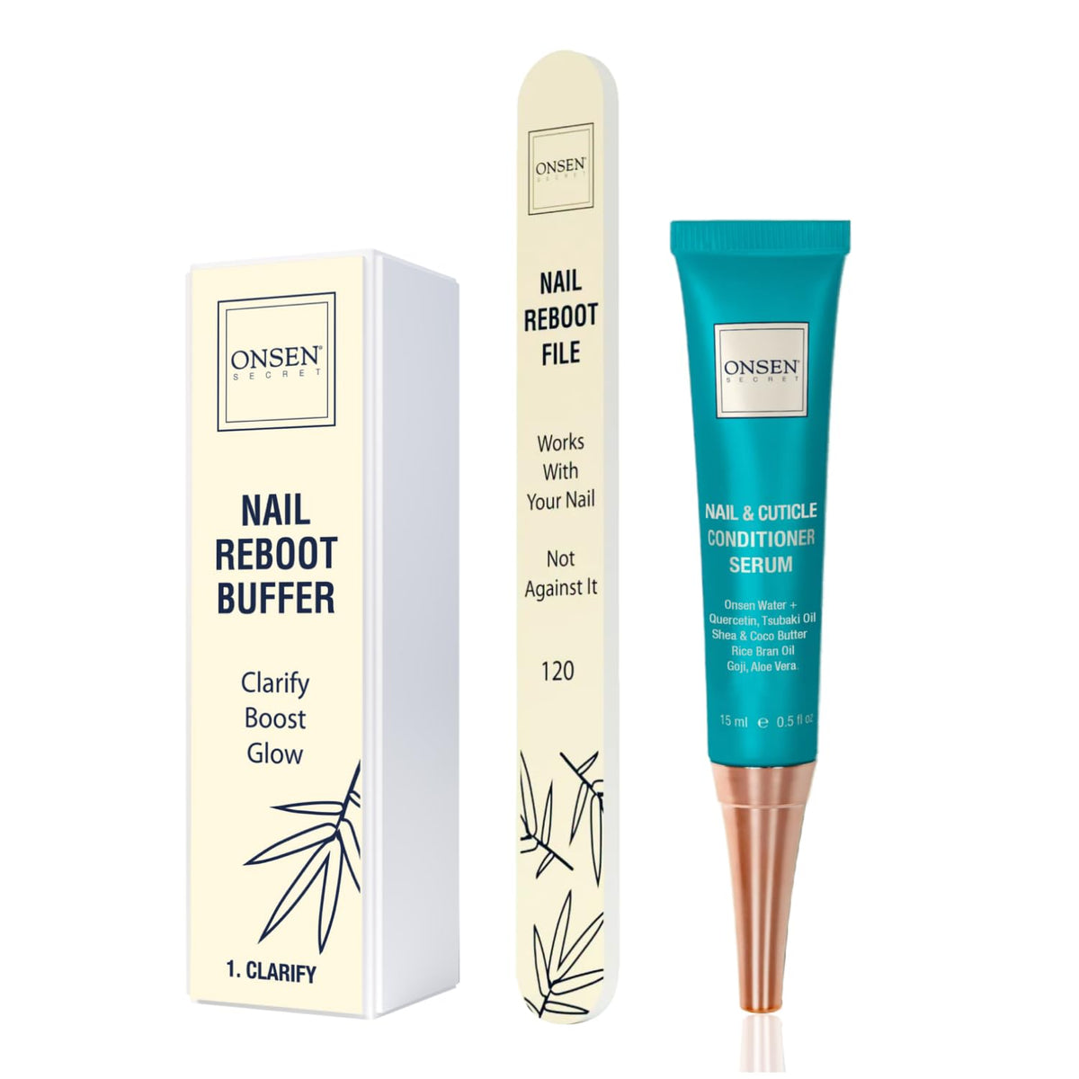 Onsen Secret Cuticle Cream Bundle, Double Sided Nail File 120/180 Grit, Nail Cuticle Oil - Japanese