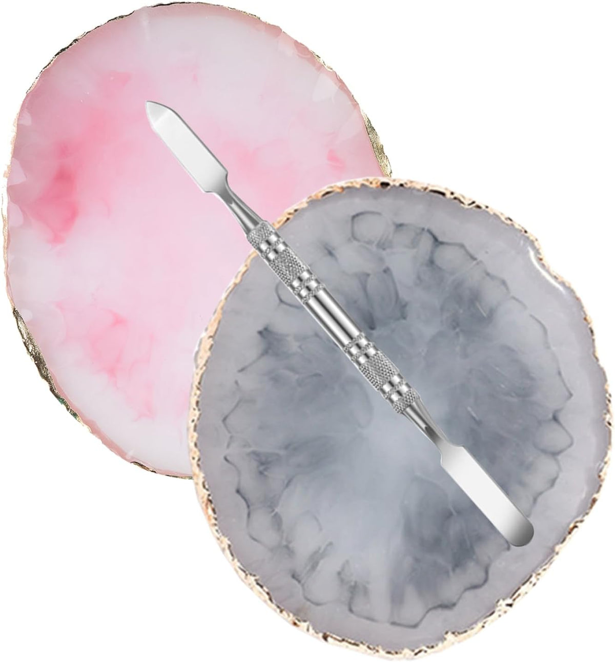 2 Pcs Resin Nail Palette Nail Polish Palette Nail Art Palette with Stainless Stirring Rod (Gray and