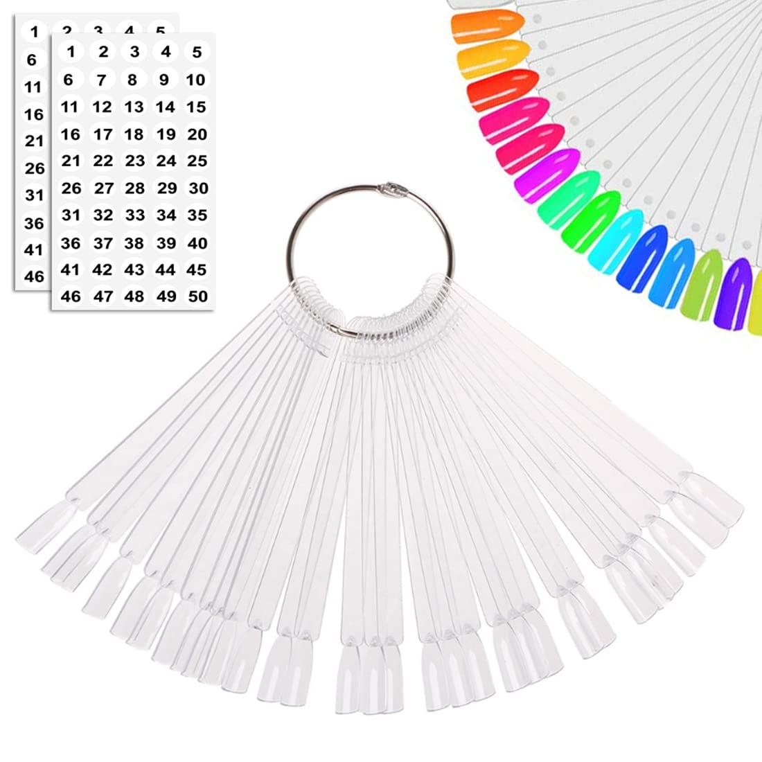 JASSINS 50 Pcs Nail Swatch Sticks with Ring and Numbered Tips - Clear Fan-shaped Display for Nail