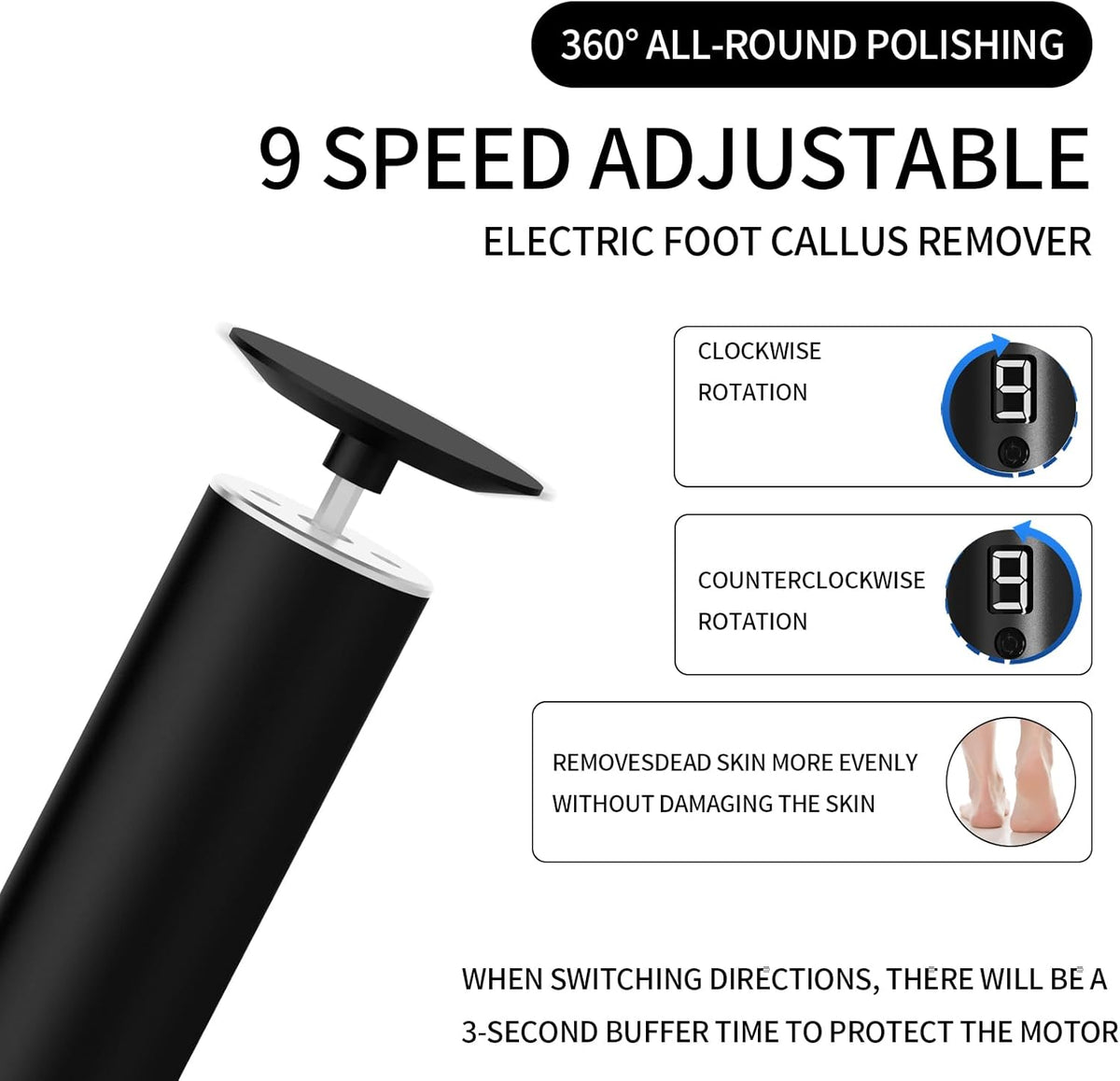 Powerful Electric Foot File & Callus Remover - Over 1-Hour Continuous Use, 360° Rotating Grinder