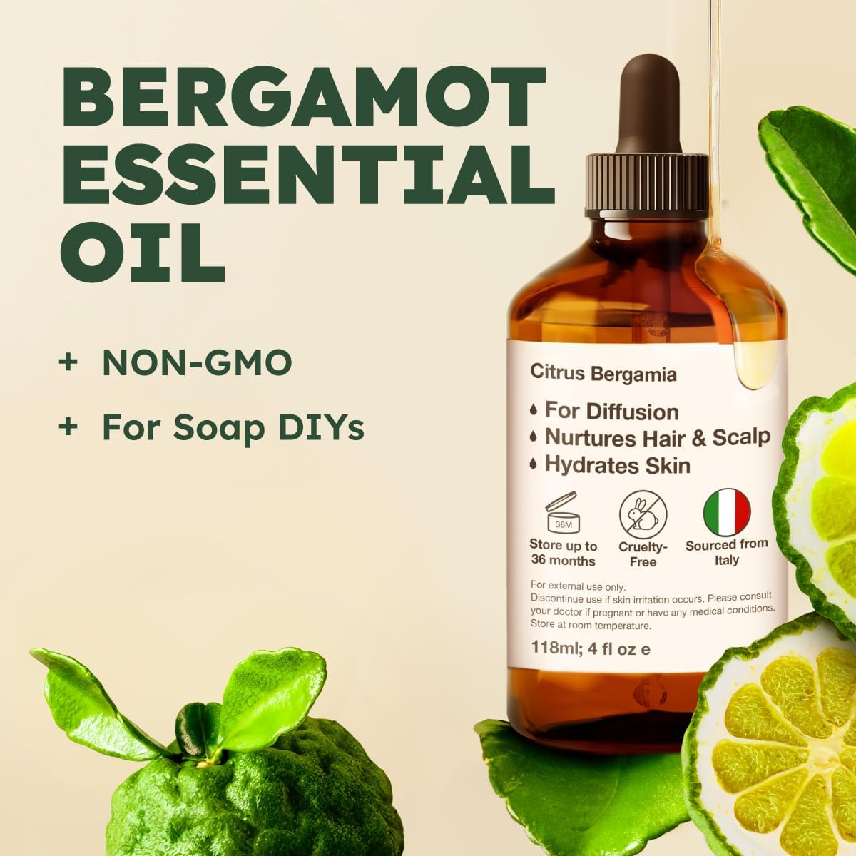 Kukka Bergamot Essential Oil for Diffuser and Skin - 4 Fl Oz - Bergamot Oil for Aromatherapy, Hair