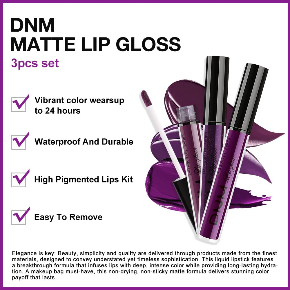 evpct 3Pcs Burgundy Red Dark Purple Matte Liquid Lipstick Lip Stain Sets for Women, Matte Lipstick