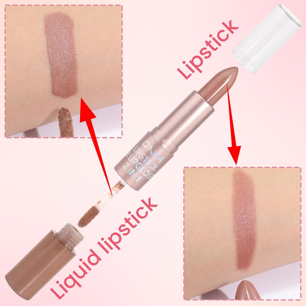 evpct 2 in 1 Nude Brown Glitter Metallic Shimmer Diamond Lipstick and Lip Gloss Set for Women Long