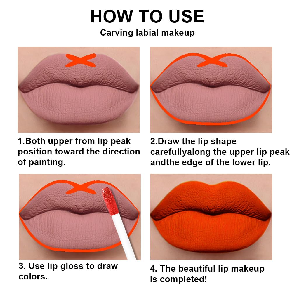 evpct 2Pcs Orange Light Fire Red Matte Liquid Lipstick Lip Gloss Stain and Retractable Lip Liner