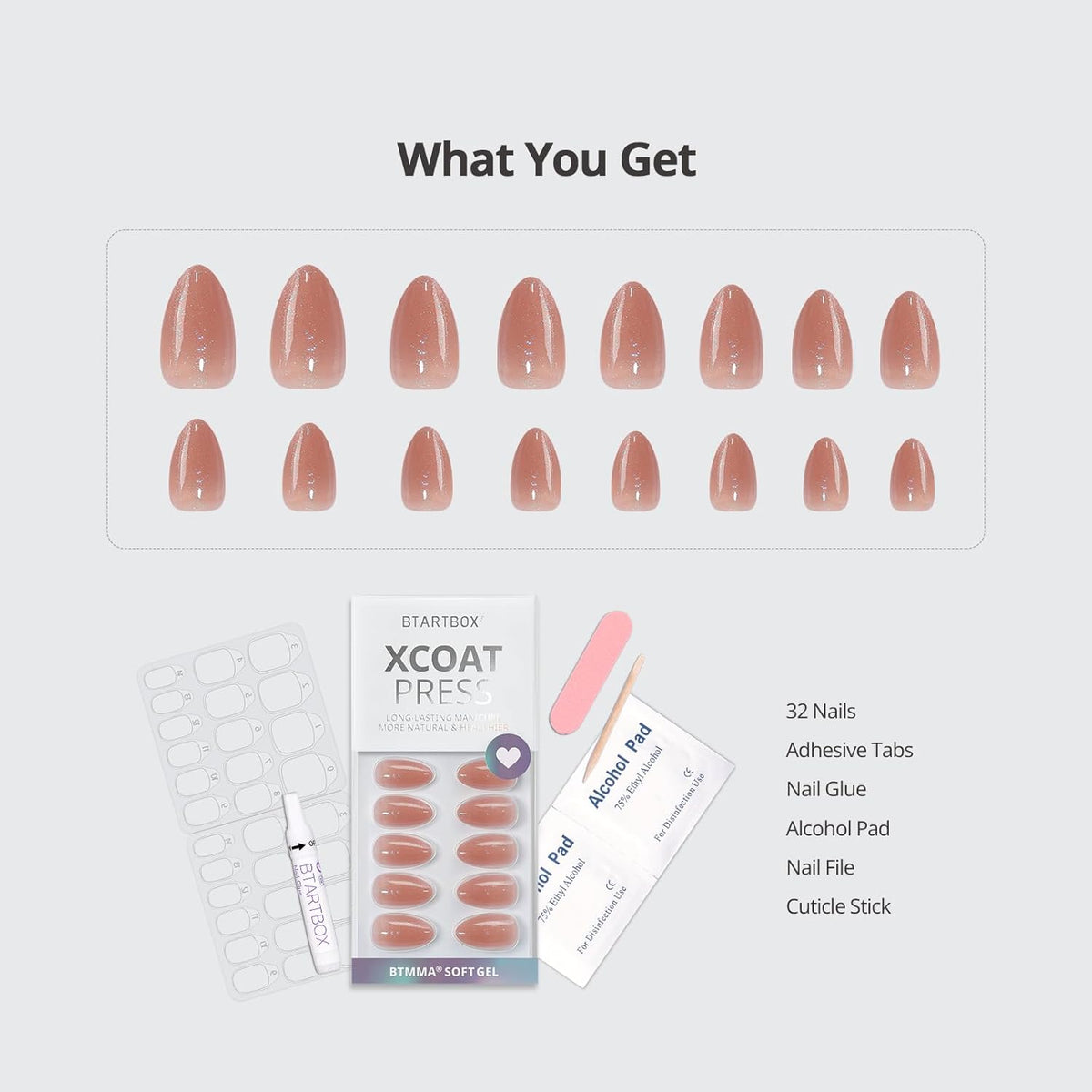 BTArtbox Press On Nails Short - Lamp-Curable Sparkly Almond Press On Nails with Glue for Women