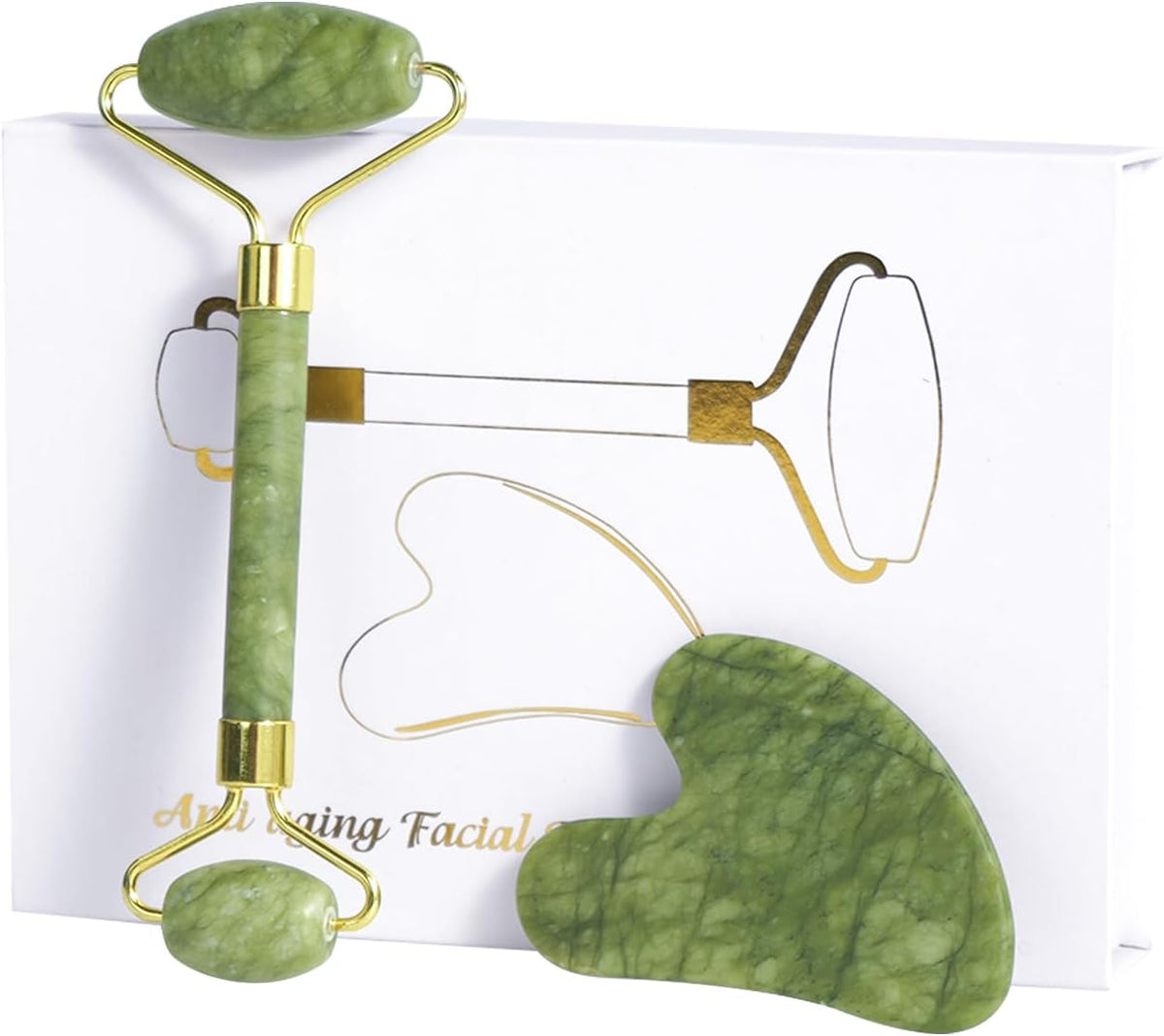 Natural Jade Roller & Gua Sha Set for Face, Facial Massager Tool for Skin Tightening, Anti-Aging