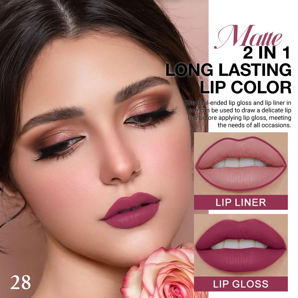 evpct 1Pcs Rose Plum Neutral Matte Lip Liner and Liquid Lipstick Stain Makeup Set for women, Rose