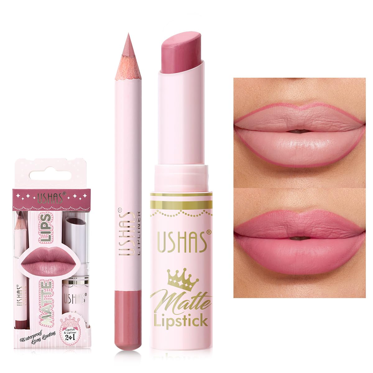 USHAS Lipstick and Lip Liner Combo Set 2 in 1 Waterproof Lipstick for Women Lip liner Set Long