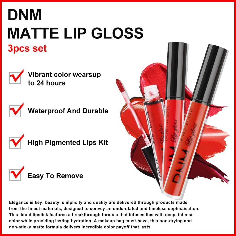 evpct 3Pcs Dark Ruby Fire Red Matte Liquid Lipstick Lip Stain Lipgloss sets for Women 24 Hour Red