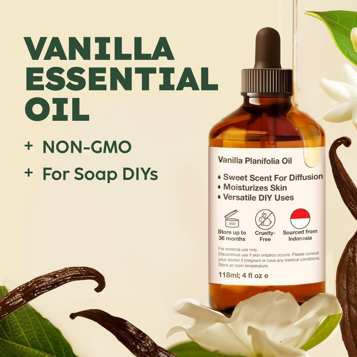Kukka Vanilla Essential Oil for Diffuser & Skin - 4 Fl Oz - Vanilla Oleoresin Essential Oil - Long