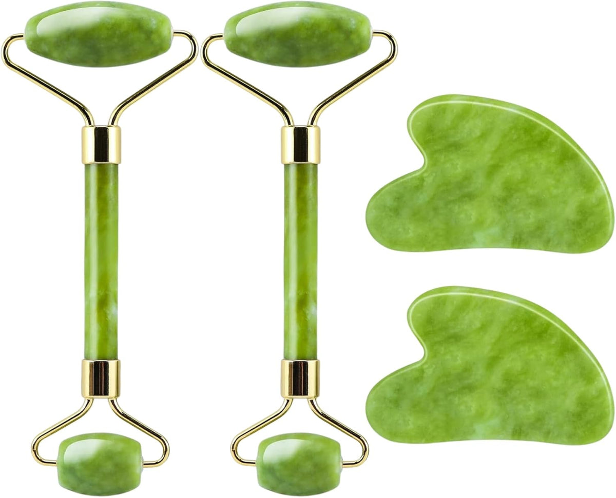 2 Pack – Jade Roller & Gua Sha Facial Tools Set for Face & Body – Face Sculpting, Puffiness &