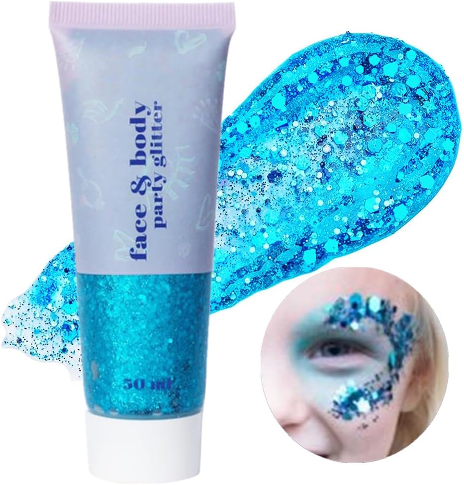 Go Ho Light Blue Face Body Glitter Gel,Blue Mermaid Face Paint Makeup,Holographic Chunky Sequins
