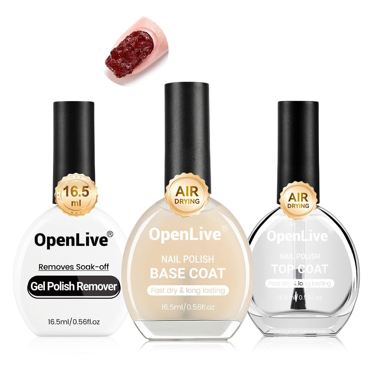 3PCS 16.5ml Quick Dry Base and Top Coat Nail Polish and Gel Remover Set, Base and Top Coat No U V