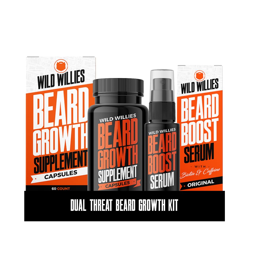 Wild Willies Beard Growth Kit - Capsules & Boost Serum - Natural Growth Oil With Biotin & Caffeine