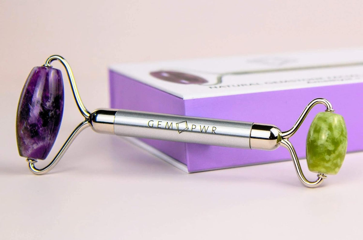 Amethyst + Jade Roller for Face and Neck Massage, Dual Gemstones with Durable Steel Handle and
