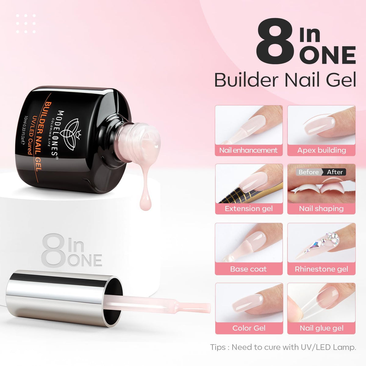 modelones Nail Dehydrator and Primer with Builder Nail Gel, 3Pcs Cover Nude Pink LED Gel Builder
