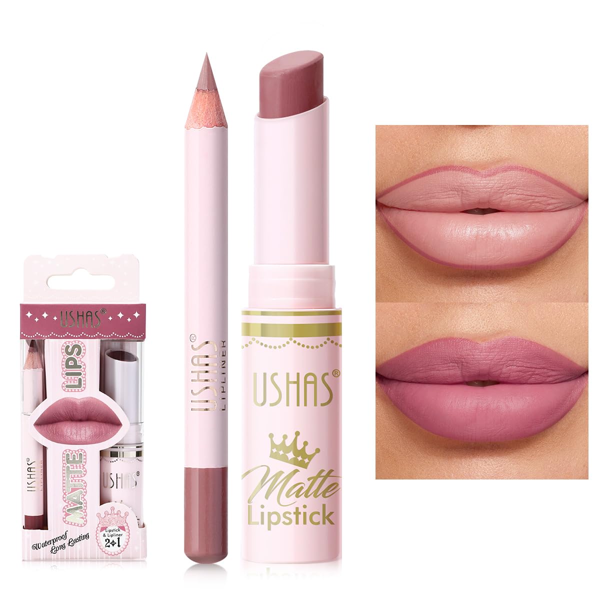 USHAS Lipstick and Lip Liner Combo Set 2 in 1 Waterproof Lipstick for Women Lip liner Set Long