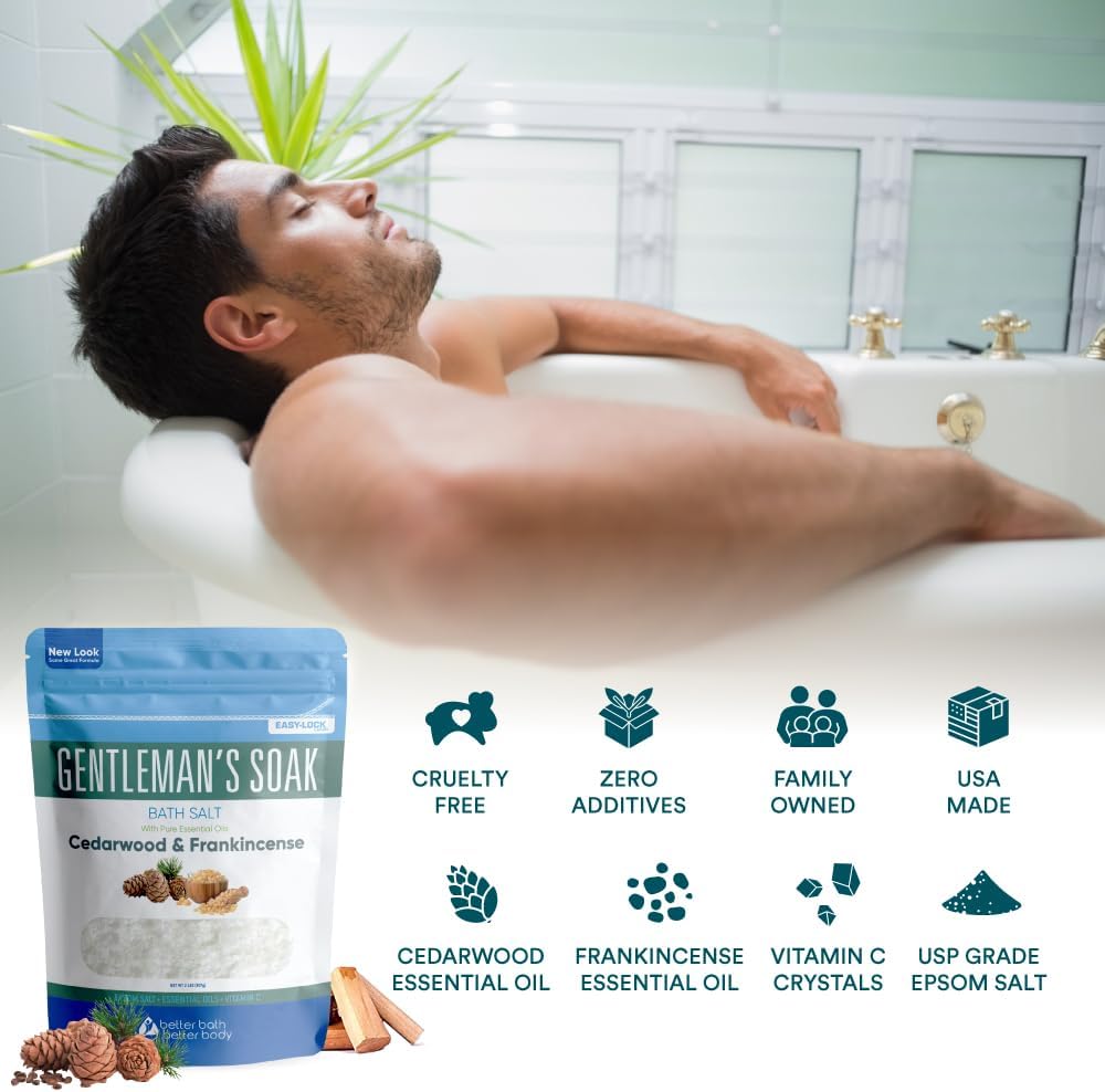 Gentleman's Bath Salt 32 Ounces Epsom Salt with Natural Cedarwood, Frankincense, Eucalyptus and