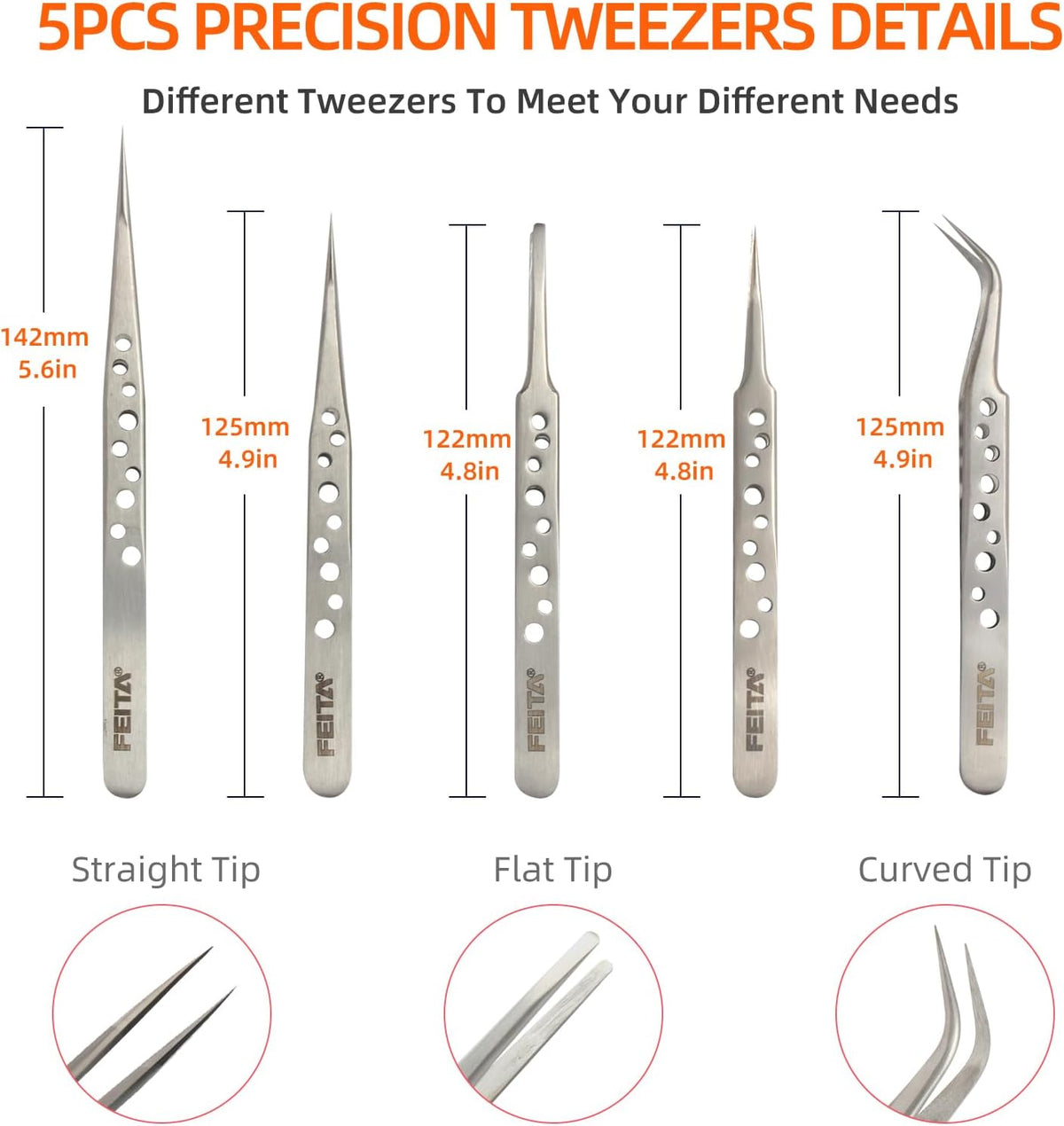 FEITA Precision Tweezer Set - Tweezers for Crafts, Jewelry, Lash Extensions, Electronics & Hobby