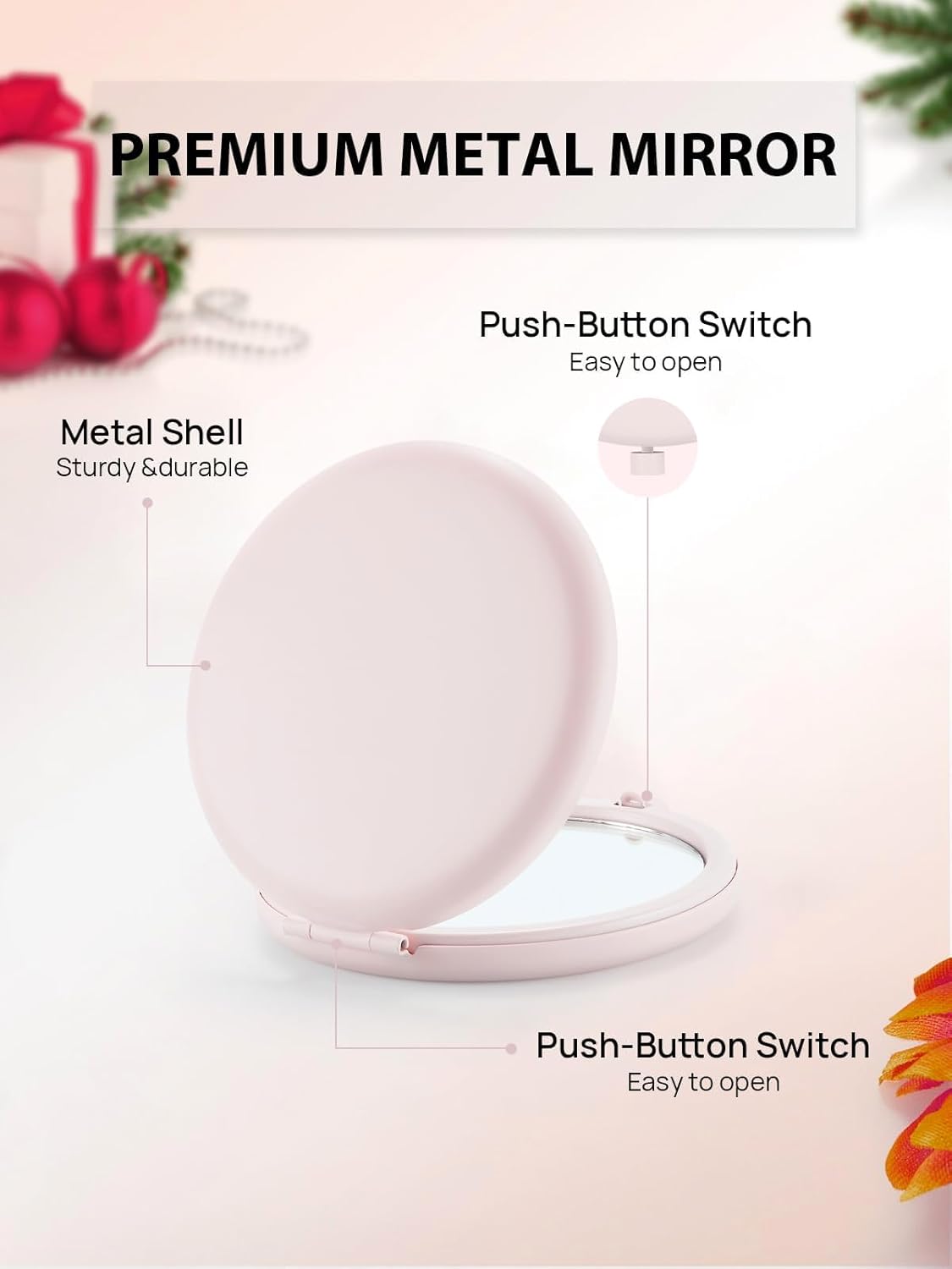 Compact Mirror Bulk, Set of 2 Double-Sided 1X/2X Magnifying Purse Pocket Makeup Mirrors(Round, Pink