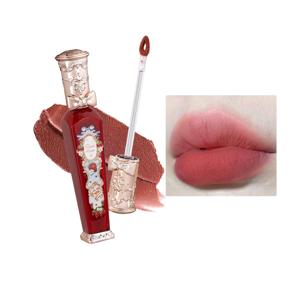 Flower Knows Strawberry Rococo Cloud Lip Cream,Velvety Matte Liquid Lipstick,Red Lipstick,Long