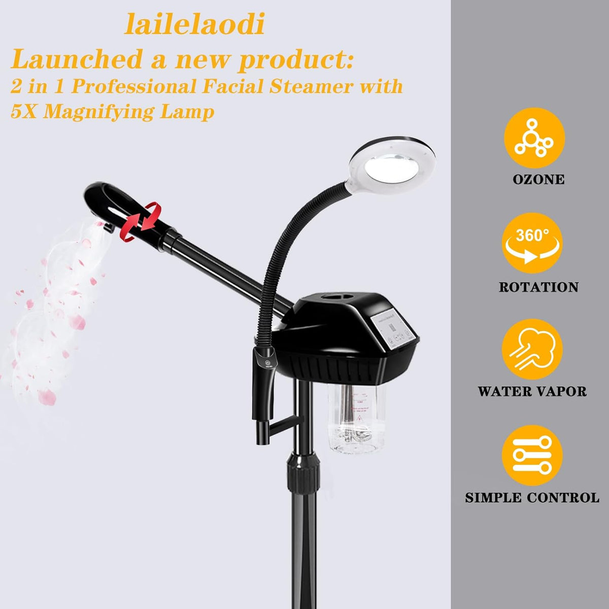 Professional Facial Steamer, 2 in 1 Ozone Facial Steamer with 5X Magnifying Lamp, face Steamer