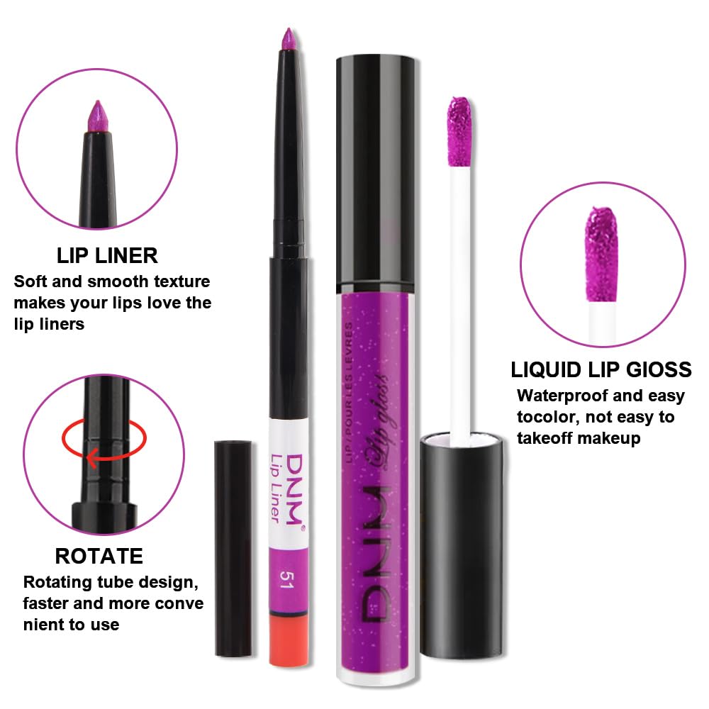 evpct 2Pcs Purple Shimmer Glitter Shiny Liquid Lipstick Lip Gloss Stain and Retractable Lip Liner