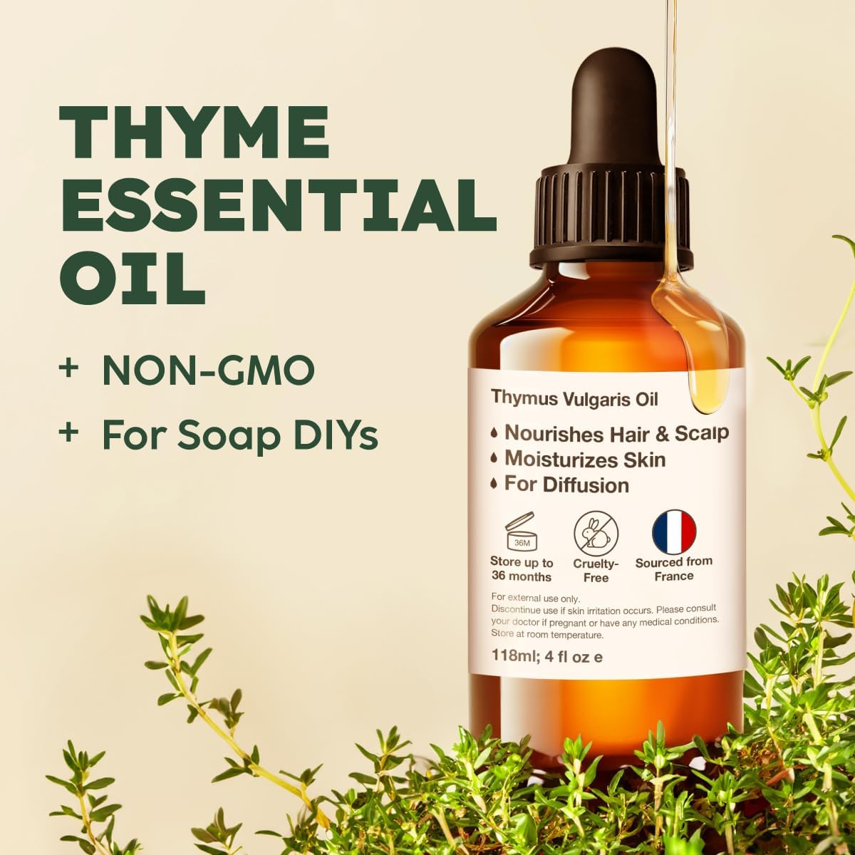 Kukka Thyme Essential Oil for Hair, Skin & Diffuser - 4 Fl Oz - Thyme Oil, Herbaceous Scent, for
