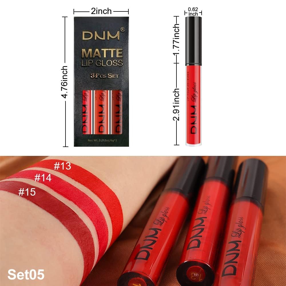 evpct 3Pcs Dark Ruby Fire Red Matte Liquid Lipstick Lip Stain Lipgloss sets for Women 24 Hour Red