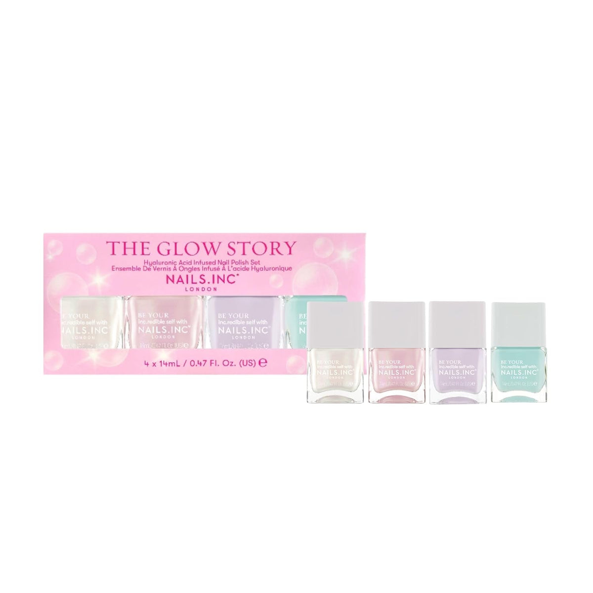 Nails Inc The Glow Story Nail Polish Set, Hyaluronic Acid, Glossy, No Chip, Long Lasting, Quick