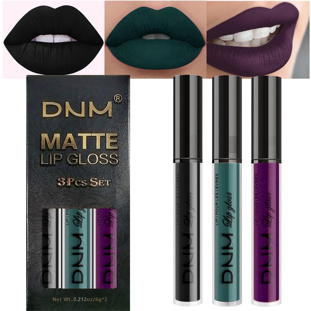evpct 3Pcs Dark Black Green Purple Matte Liquid Lipstick Lip Stain Sets for Women Long Lasting